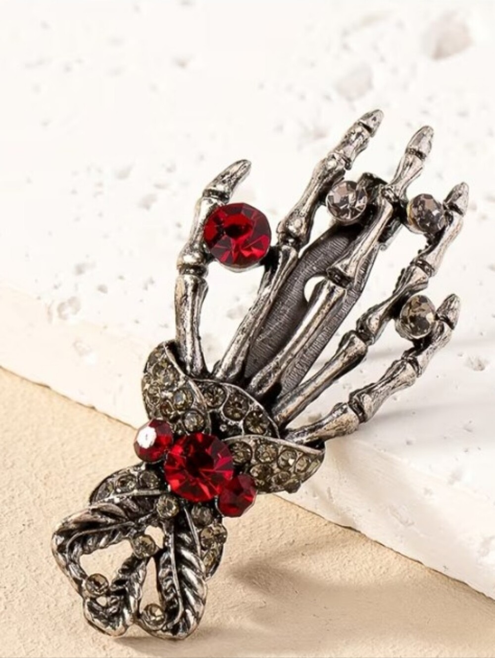 Silver Skeleton Hand Pin Brooch with Red Gem Accents